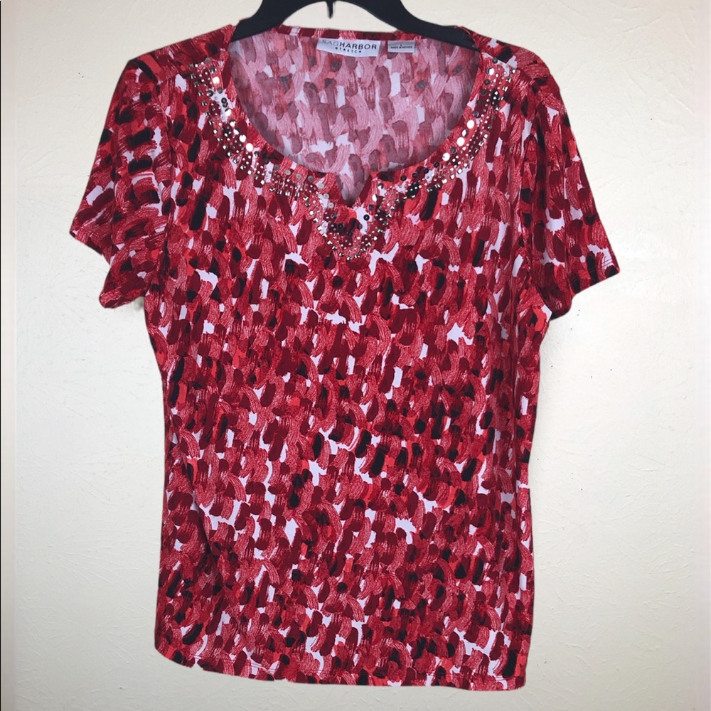 Red/White blouse w Rhinestone collar Sag Harbor (L)